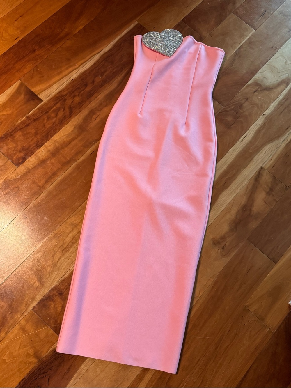 Strapless Pink Midi Dress with Heart Accent